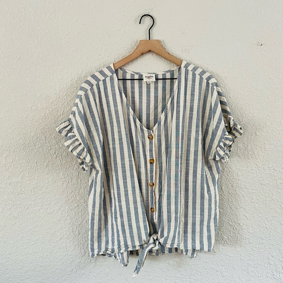Hayden Tops - Hayden Blue & White Stripe Button Up Ruffle Sleeve Top